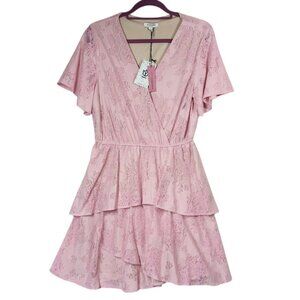 Pink Lace Spring Summer Knee Length Dress Short Sleeves Andree Unit LARGE NWT